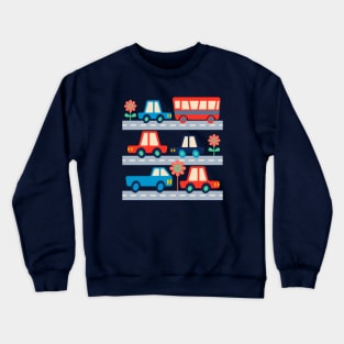 RUSH HOUR Retro Kids Traffic Transportation Vehicles Cars Trucks Bus on Roads - UnBlink Studio by Jackie Tahara Crewneck Sweatshirt